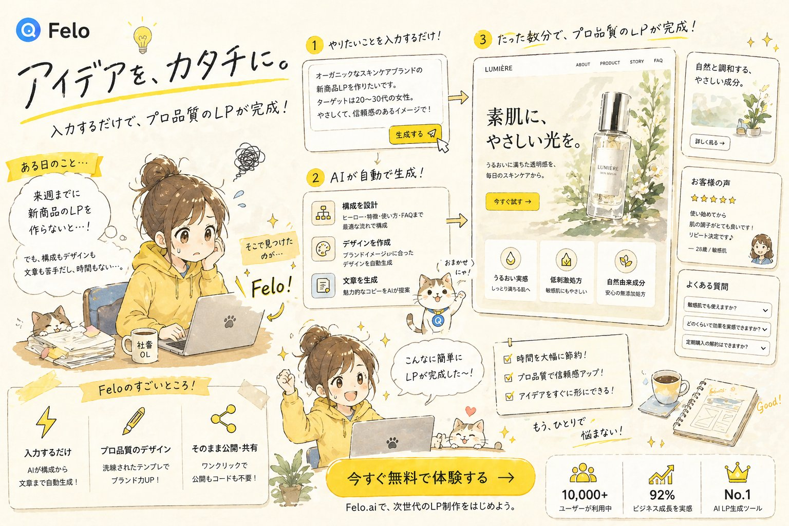 Felo「アイデアを、カタチに。」AI LP生成ツール紹介ビジュアル のAI生成画像