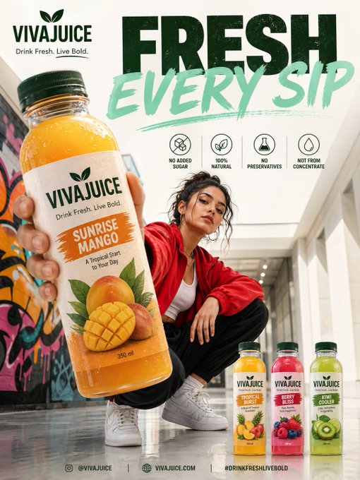 VIVA JUICE「FRESH EVERY SIP」ブランド広告ポスター のAI生成画像