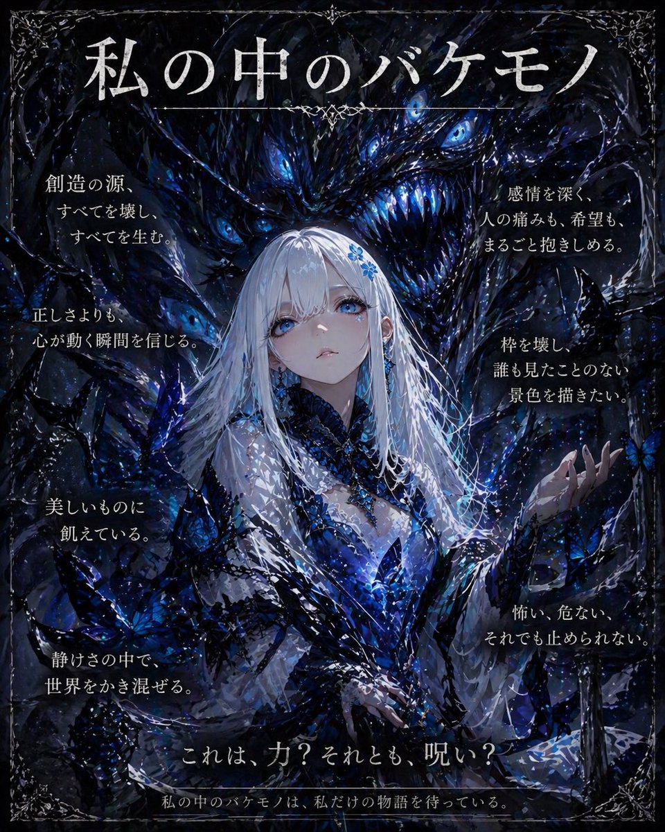 私の中のバケモノ ― ダークファンタジー詩的ビジュアル のAI生成画像