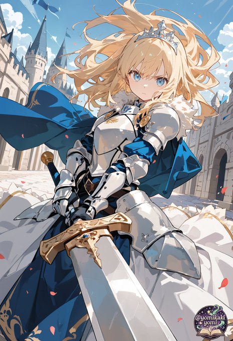 聖剣の姫騎士 ― お城を背に佇むファンタジーキャラクター のAI生成画像