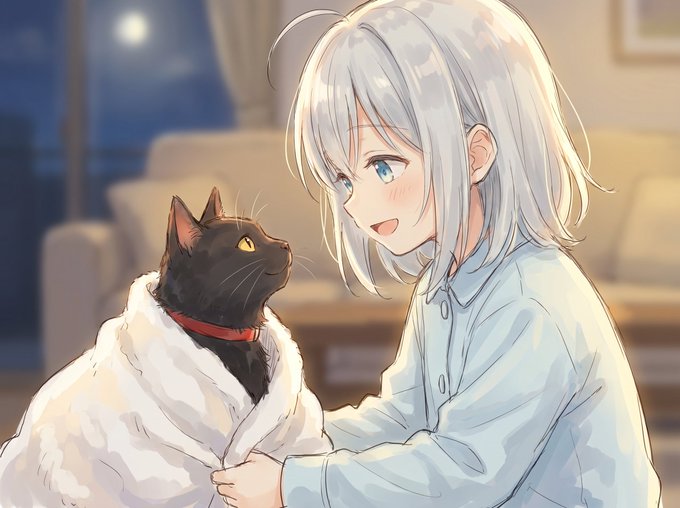 夜のひととき ― 銀髪少女と黒猫の優しい時間 のAI生成画像