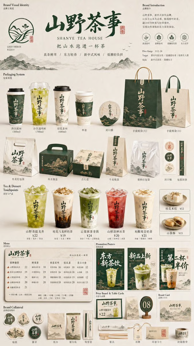 山野茶事 SHANYE TEA HOUSE ― ブランドビジュアルアイデンティティボード のAI生成画像