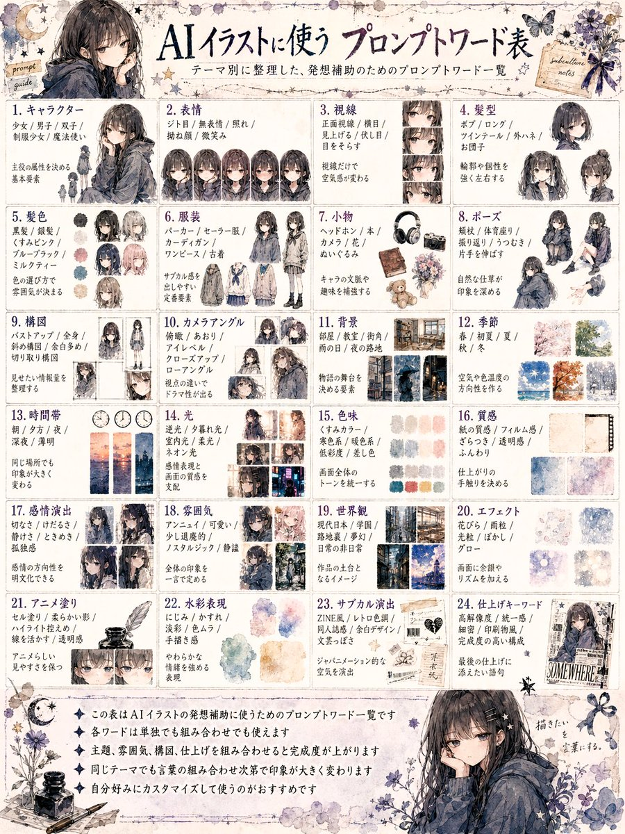 AIイラストプロンプトワード表 ― 24カテゴリ早見表（発想補助ガイド） のAI生成画像