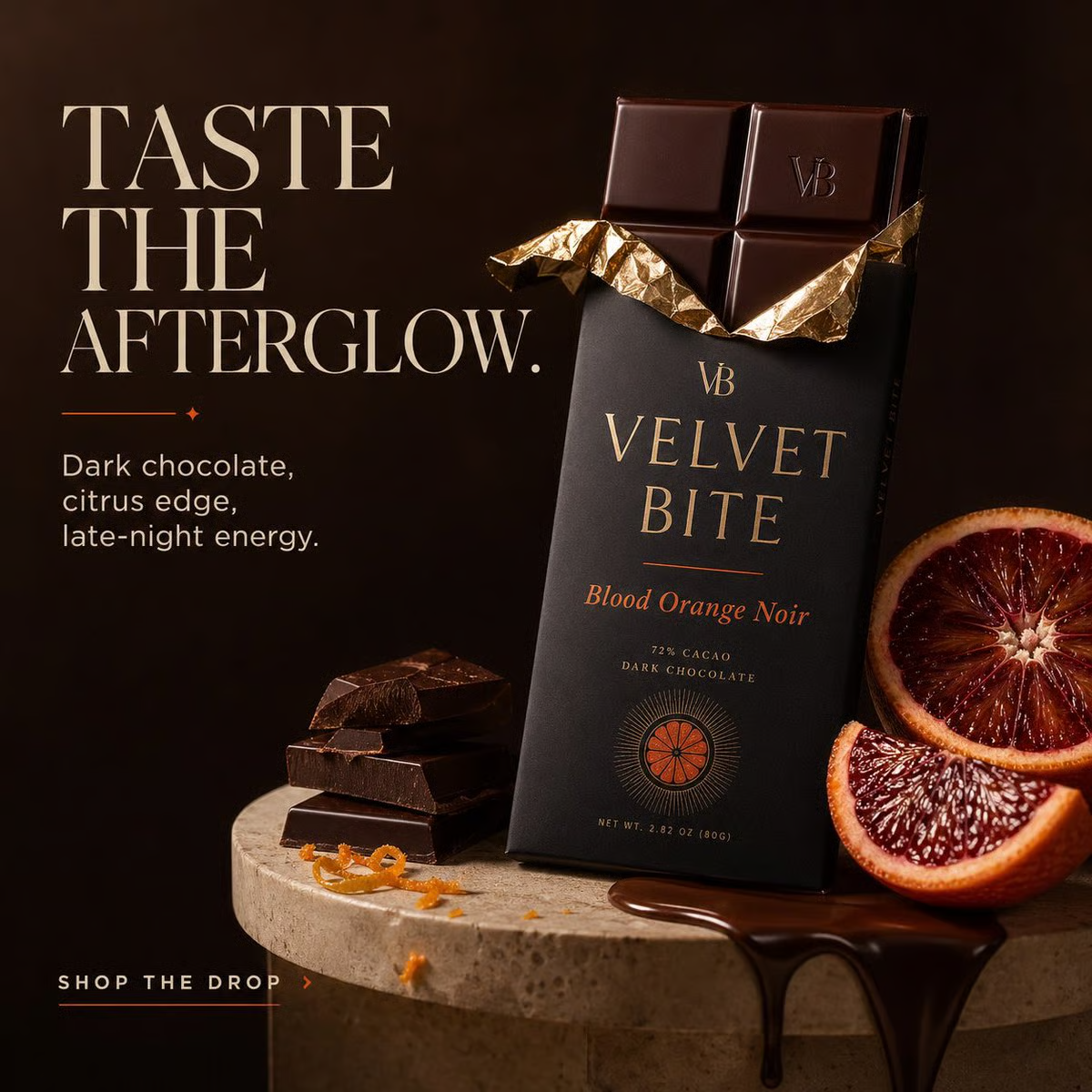 Velvet Bite Blood Orange Noir ― 高級ダークチョコレート広告ビジュアル のAI生成画像