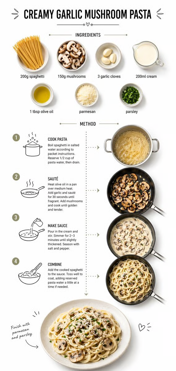 ミニマル英文レシピインフォグラフィック ― Creamy Garlic Mushroom Pasta のAI生成画像