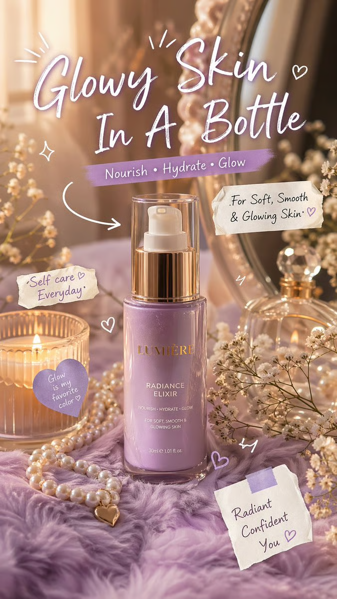 ガーリー手書き風スキンケア広告ビジュアル ― LUMIÈRE Radiance Elixir のAI生成画像