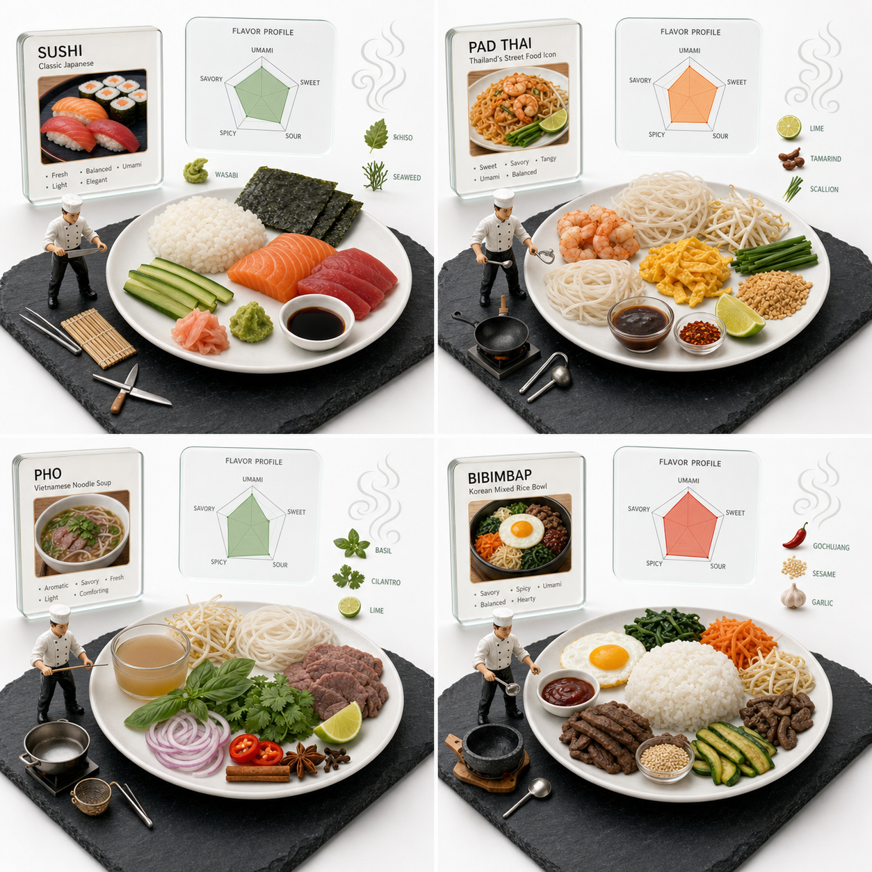 4つのパネル　アジア料理 のAI生成画像