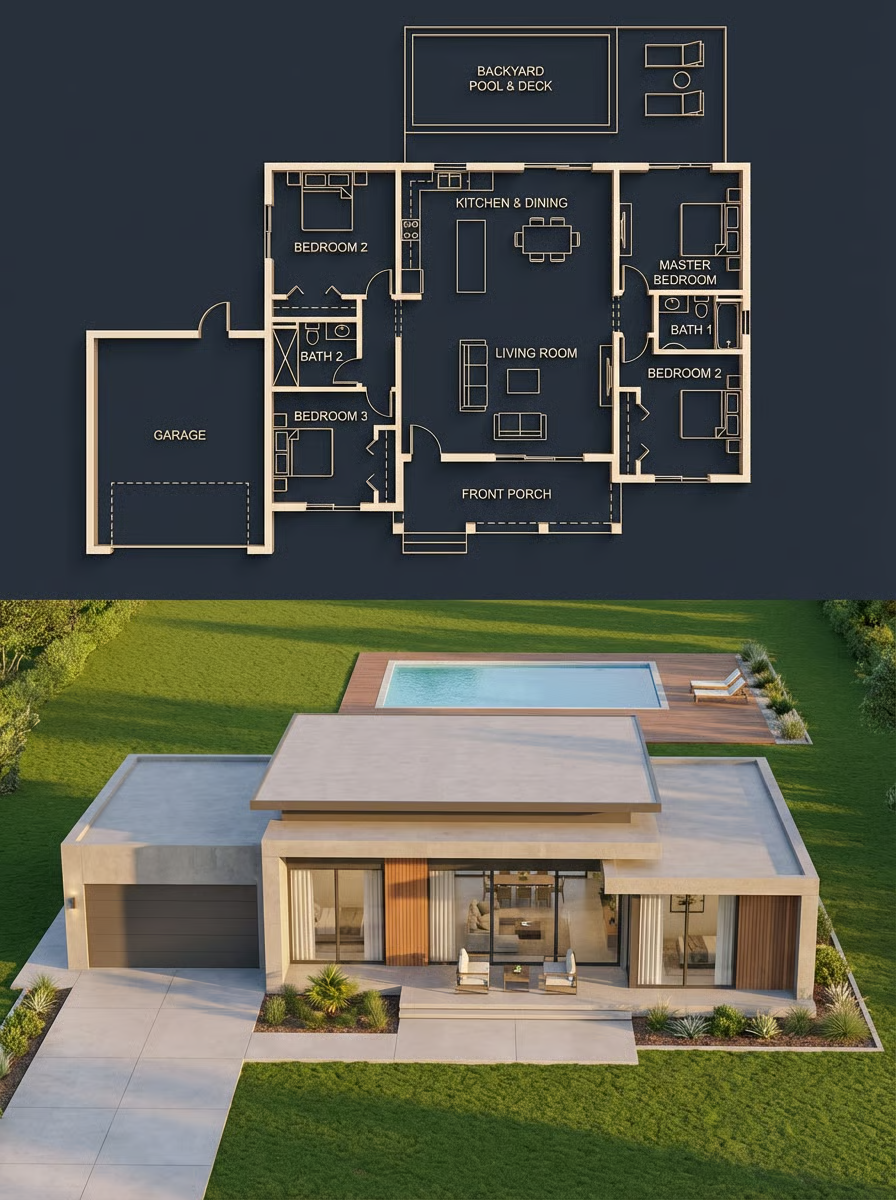 モダン平屋住宅プレゼンボード ― 間取り図＆外観3Dビジュアライゼーション のAI生成画像