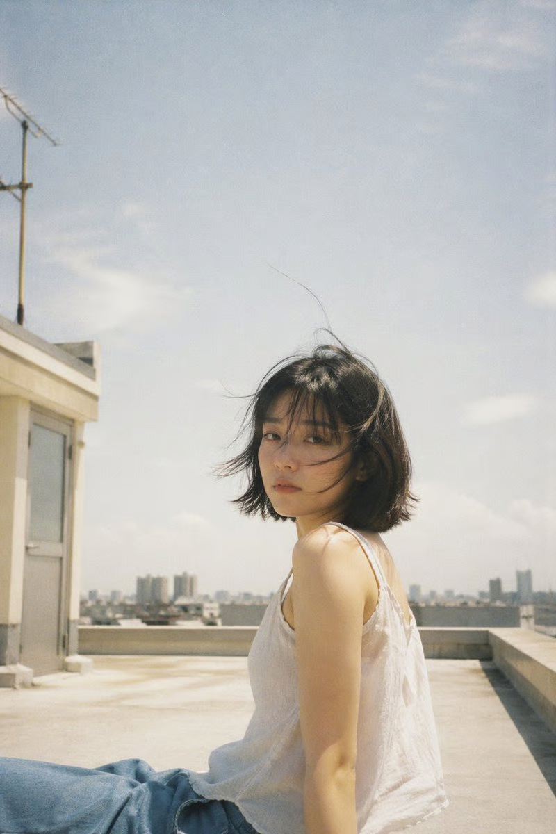 夏の屋上フィルム調ポートレート ― ショートボブの女性 のAI生成画像