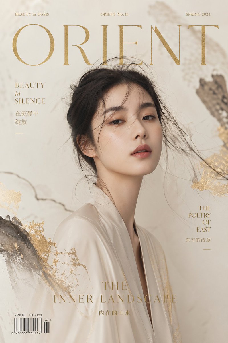 東洋の静寂と美を纏う雑誌表紙 のAI生成画像
