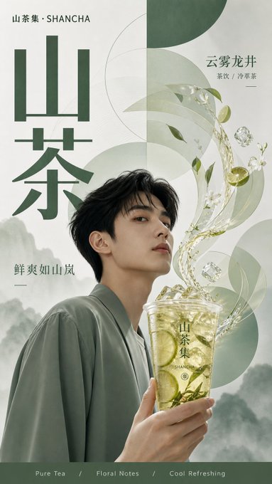 山茶集 緑茶ドリンク広告 のAI生成画像