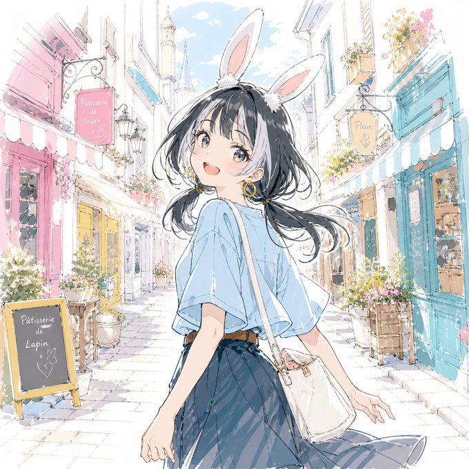 うさぎ耳の少女とパリ風街並み のAI生成画像