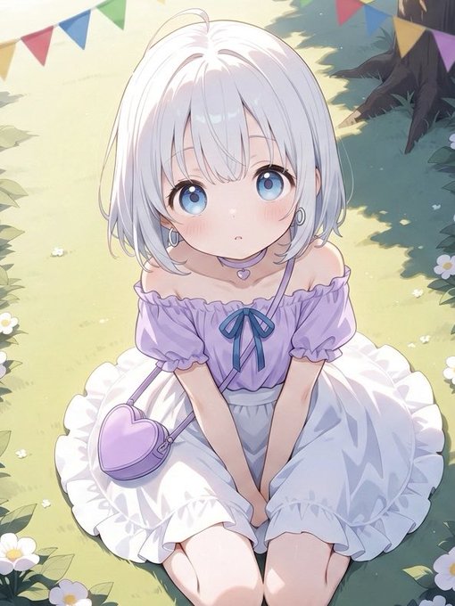 芝生に座る銀髪少女 のAI生成画像