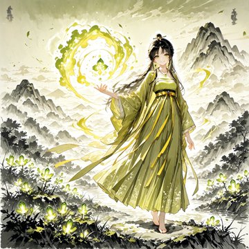 緑の仙女と山水画の世界 のAI生成画像