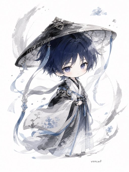 墨絵風の青髪チビキャラ のAI生成画像