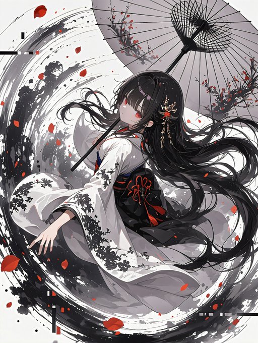 墨と紅の和傘少女 のAI生成画像