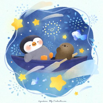 ペンギンとカワウソの星夜の舟旅 のAI生成画像