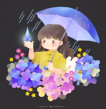雨の日と紫陽花の少女 のAI生成画像