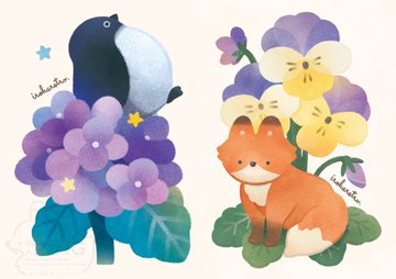 小鳥とキツネの花々イラスト のAI生成画像
