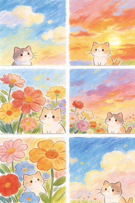 空と花畑の子猫イラスト集 のAI生成画像