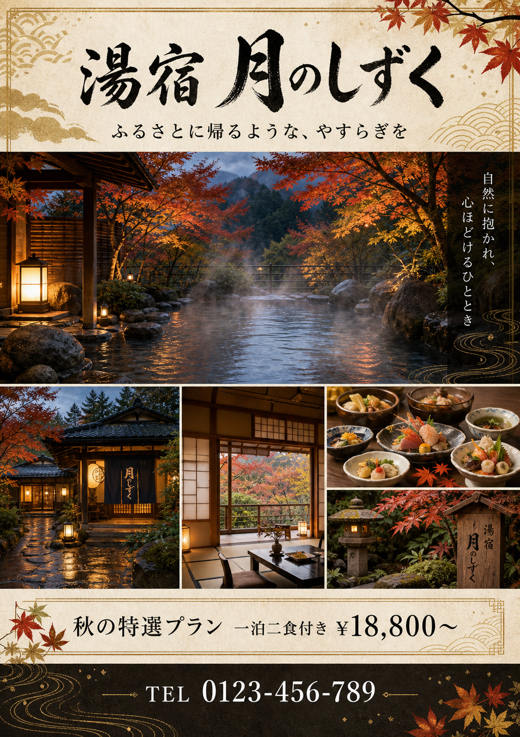 秋の温泉旅館広告ポスター のAI生成画像