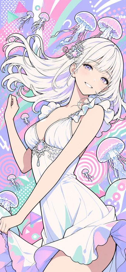 クラゲと白髪少女の幻想世界 のAI生成画像