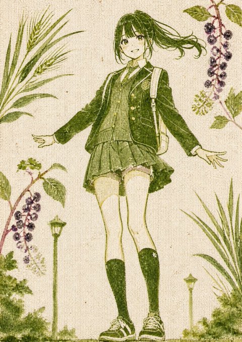 緑の制服少女と植物 のAI生成画像