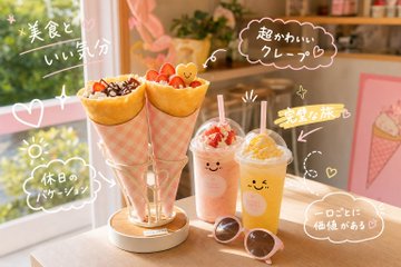 可愛いクレープとドリンクのカフェセット のAI生成画像