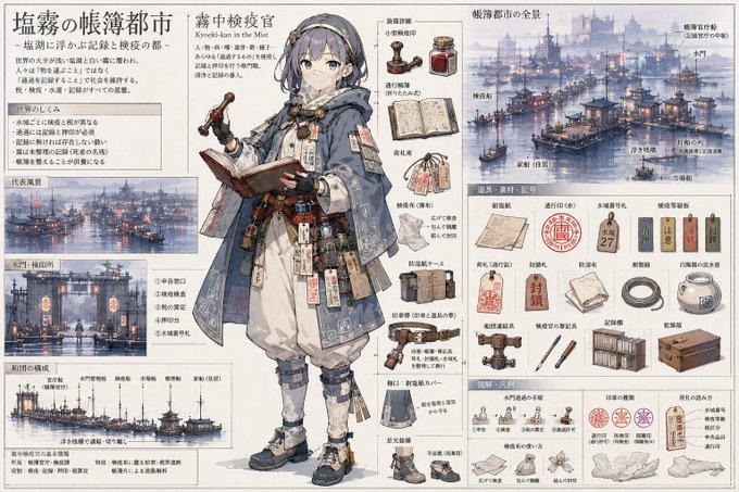 塩霧の帳簿都市キャラクター設定資料 のAI生成画像