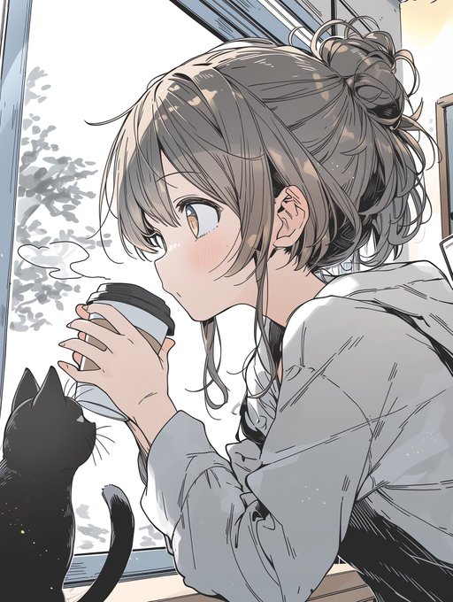 窓辺でコーヒーと黒猫 のAI生成画像