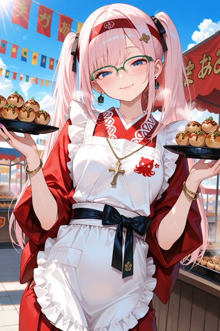 たこ焼き屋の和服メイド少女 のAI生成画像