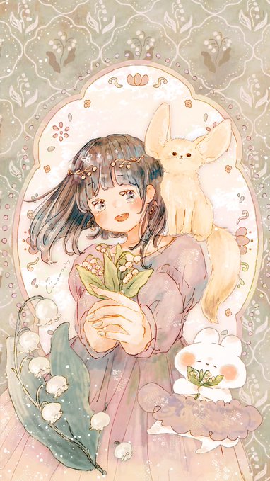 すずらんと少女と白い生き物 のAI生成画像