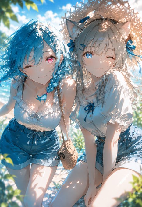 夏の猫耳少女二人組 のAI生成画像