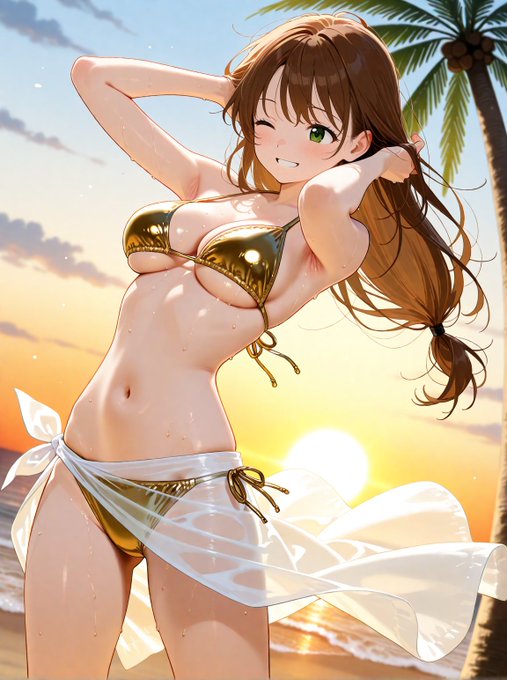 夕暮れビーチの水着美少女 のAI生成画像
