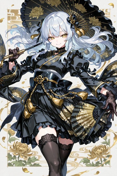 黒と金の和洋折衷少女 のAI生成画像