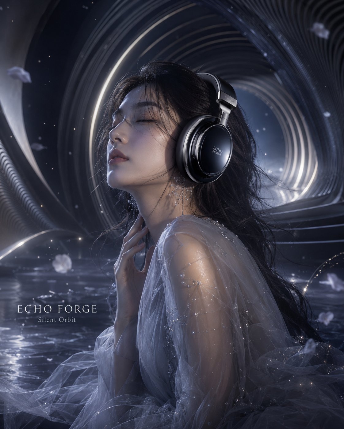 音の宇宙に溶ける女性 のAI生成画像