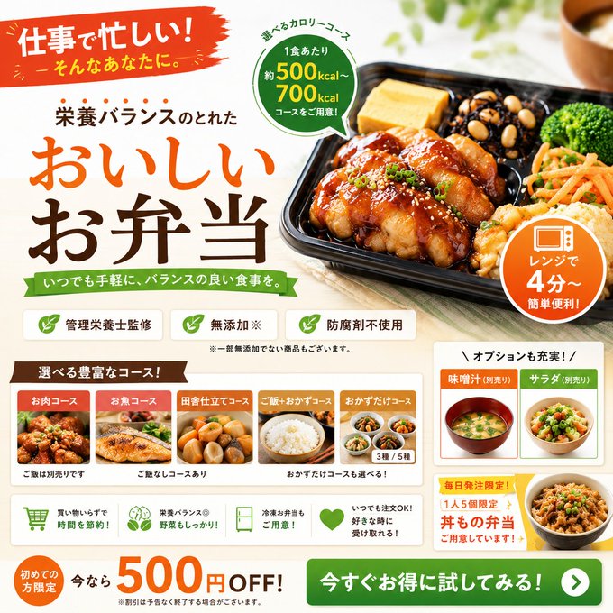 栄養バランスお弁当の広告 のAI生成画像