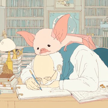 書斎で執筆するコウモリ のAI生成画像
