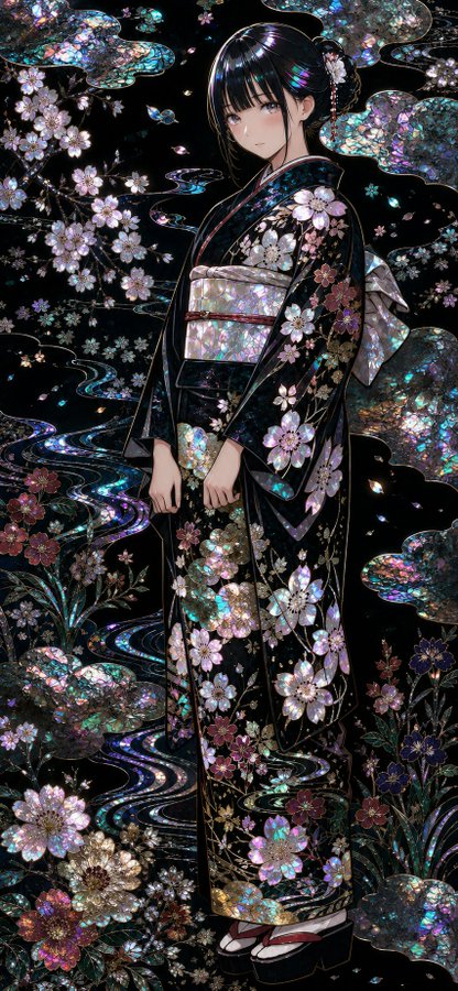黒闇に咲く宝石の着物少女 のAI生成画像