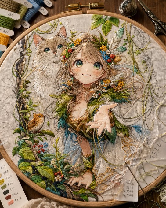 刺繍フープの森の少女と猫 のAI生成画像