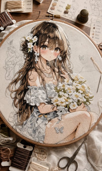 刺繍枠の花を抱く少女 のAI生成画像