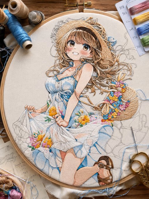 刺繍の少女と花かご のAI生成画像