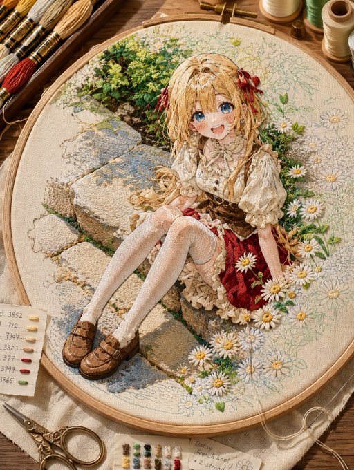 刺繍枠の中の少女 のAI生成画像