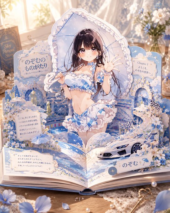 青いポップアップブックの物語 のAI生成画像