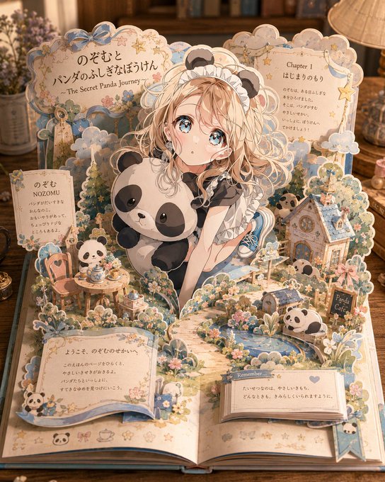 パンダと女の子の絵本の世界 のAI生成画像