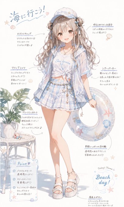 海コーデ紹介イラスト のAI生成画像