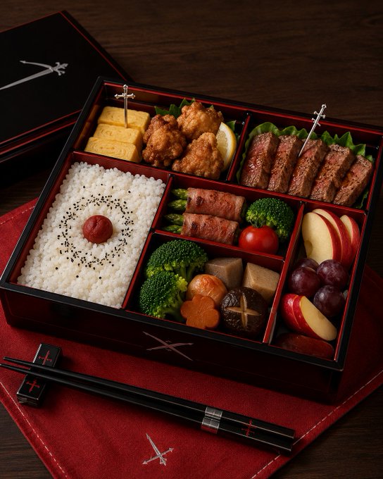 剣モチーフの高級黒塗り弁当 のAI生成画像