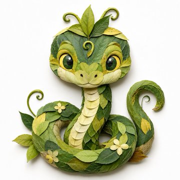 葉っぱで作ったかわいいヘビ のAI生成画像