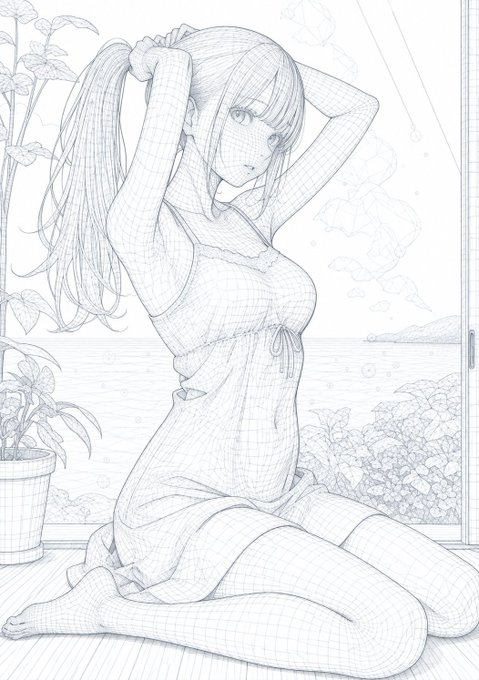 窓辺でポニーテールを結う少女 のAI生成画像