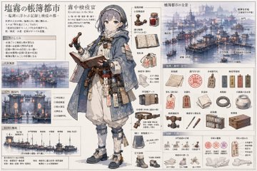 塩霧の帳簿都市キャラ設定 のAI生成画像